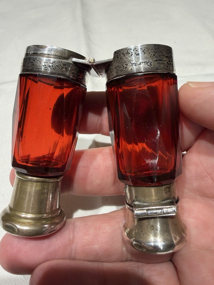 Victorian Ruby Red Glass Folding Double Scent Bottle Silver Mount