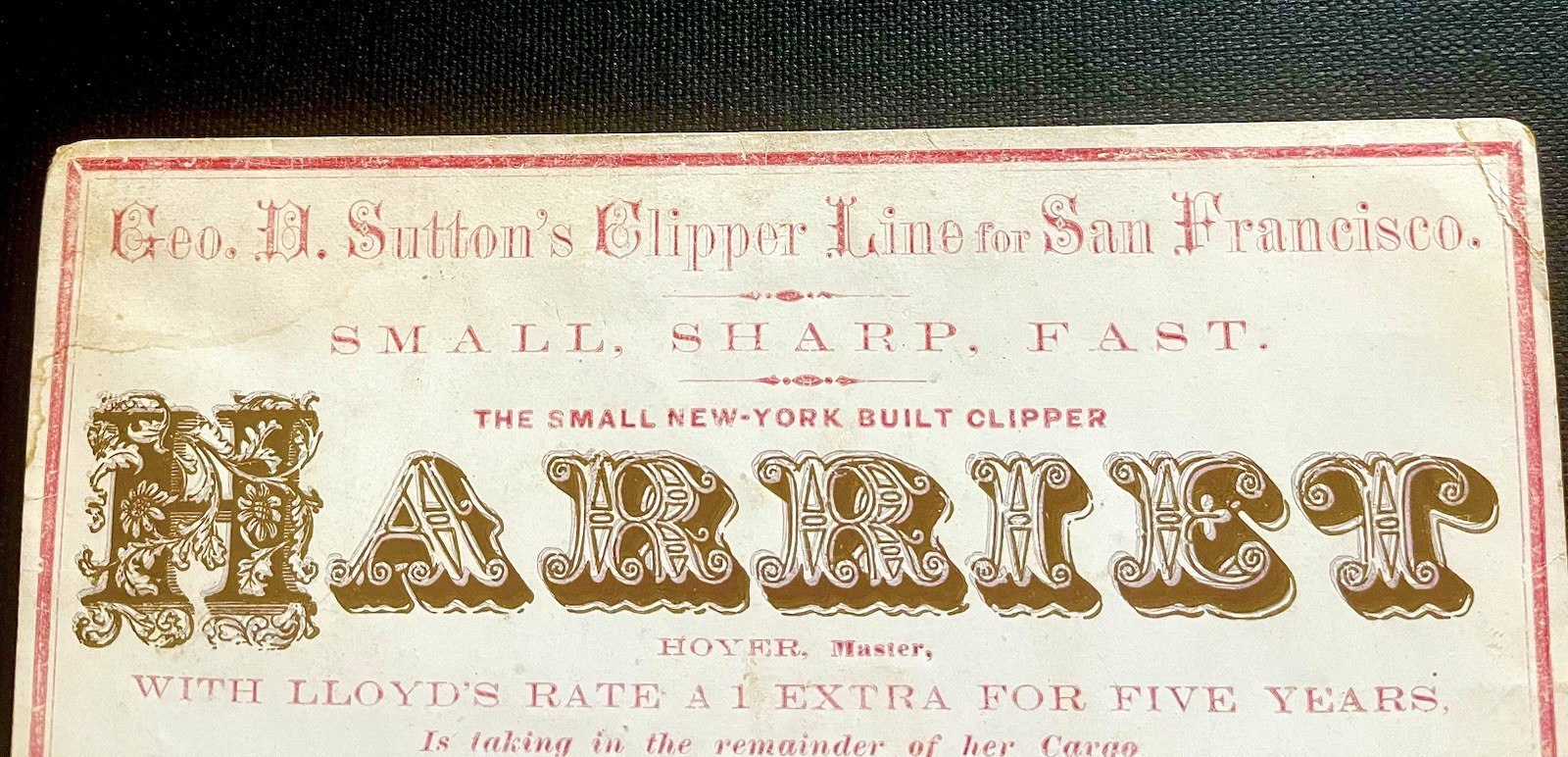 Clipper Ship Card Harriet c. 1860 Geo. H. Sutton's Clipper Line San Francisco