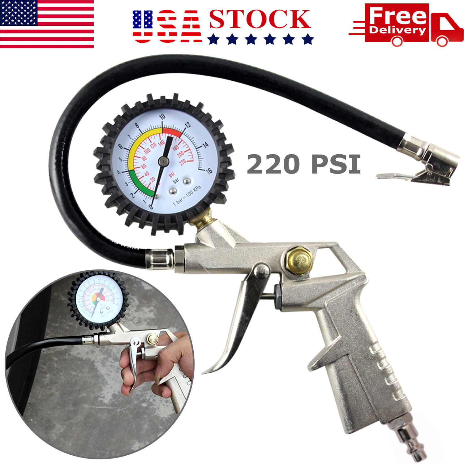 Dial Tire Inflator Gauge Flexible Hose 220 PSI Pistol Style Air Chuck Pneumatic
