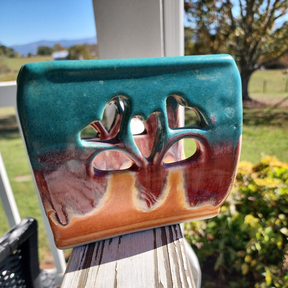 Handmade Pottery Napkin Holder Signed Glass