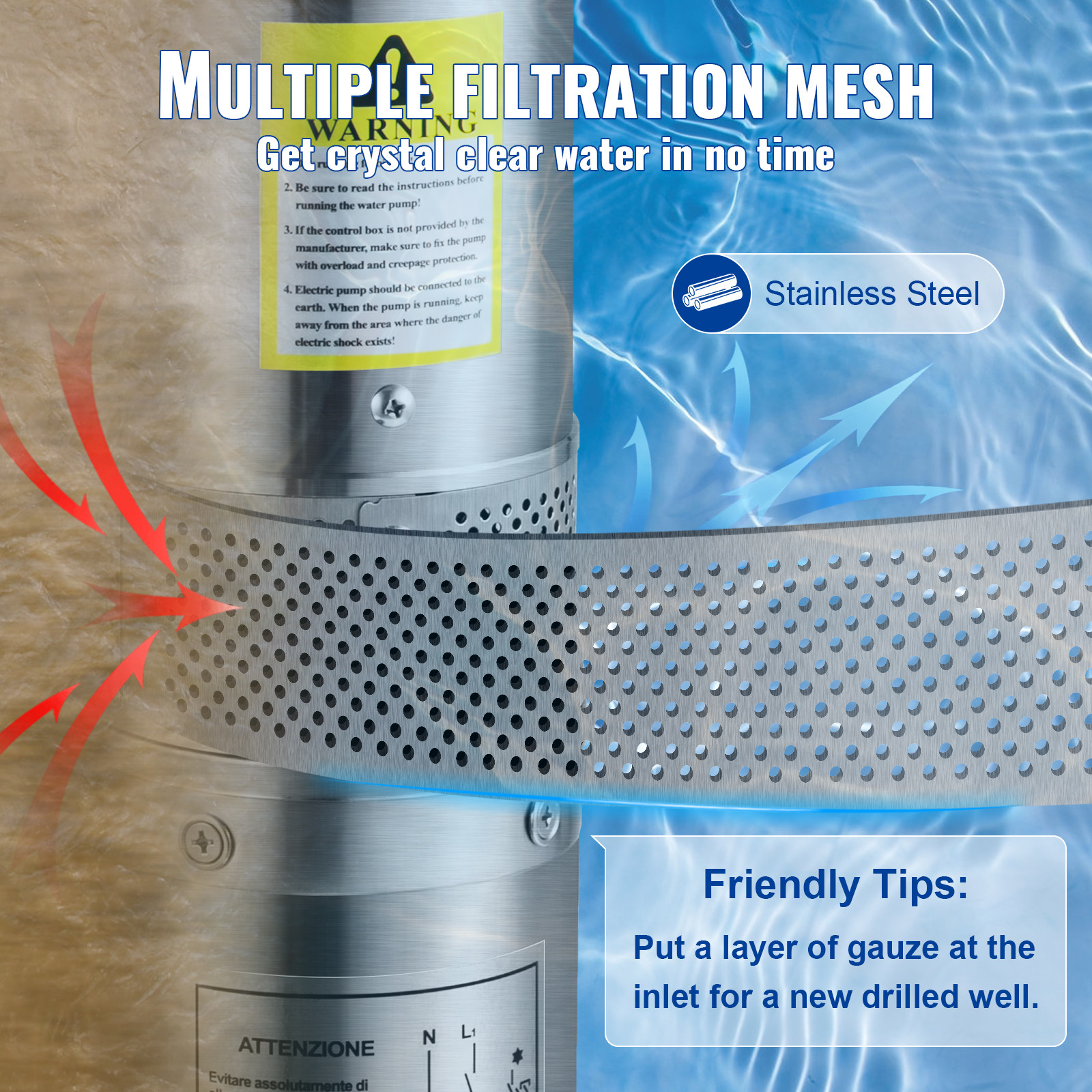 VEVOR Deep Well Submersible Pump Stainless Steel Water Pump 1.5HP 37GPM 276 ft