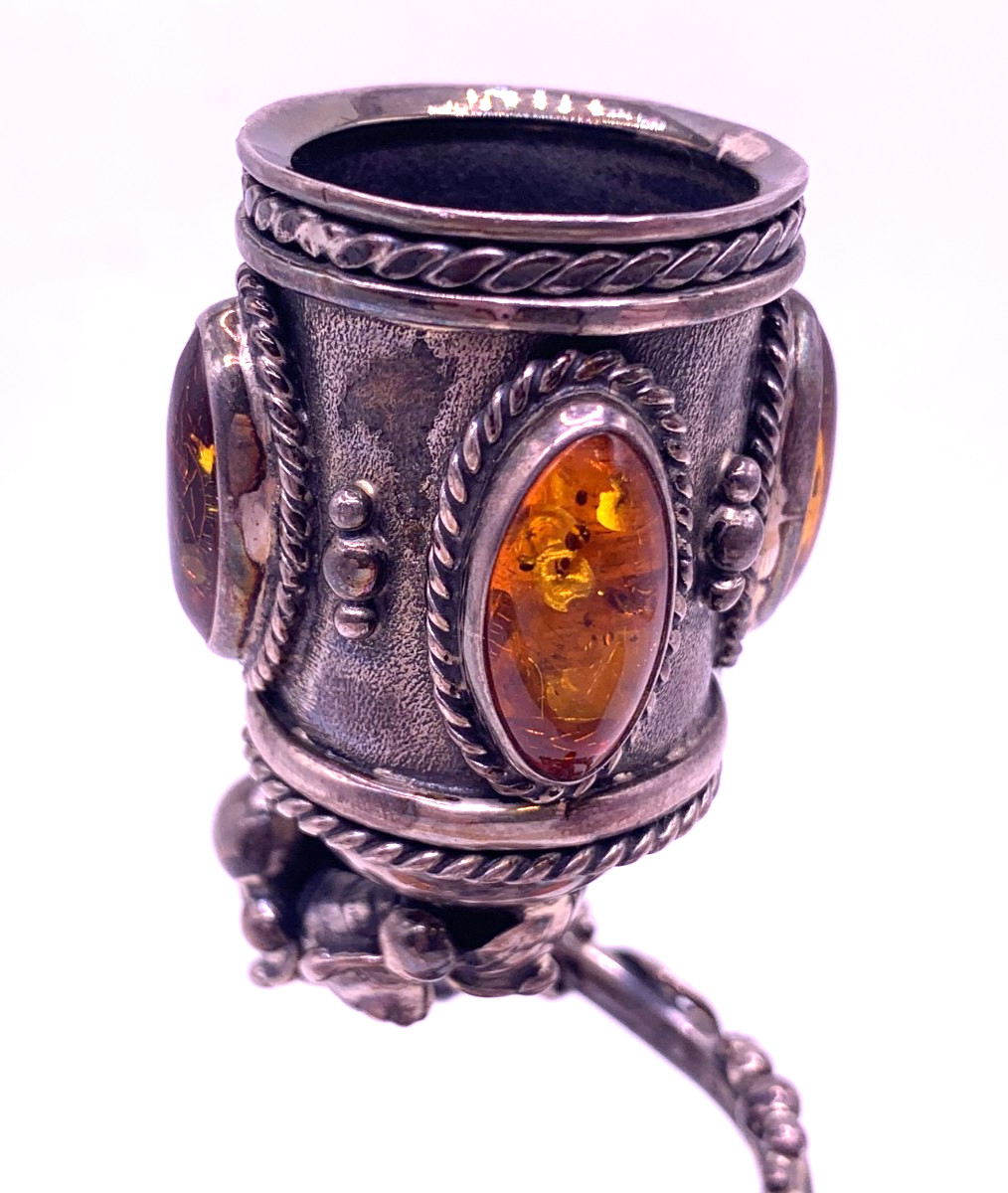 Rare Sterling Silver Candle stick Holder with Baltic Amber Cabochons 88g Poland