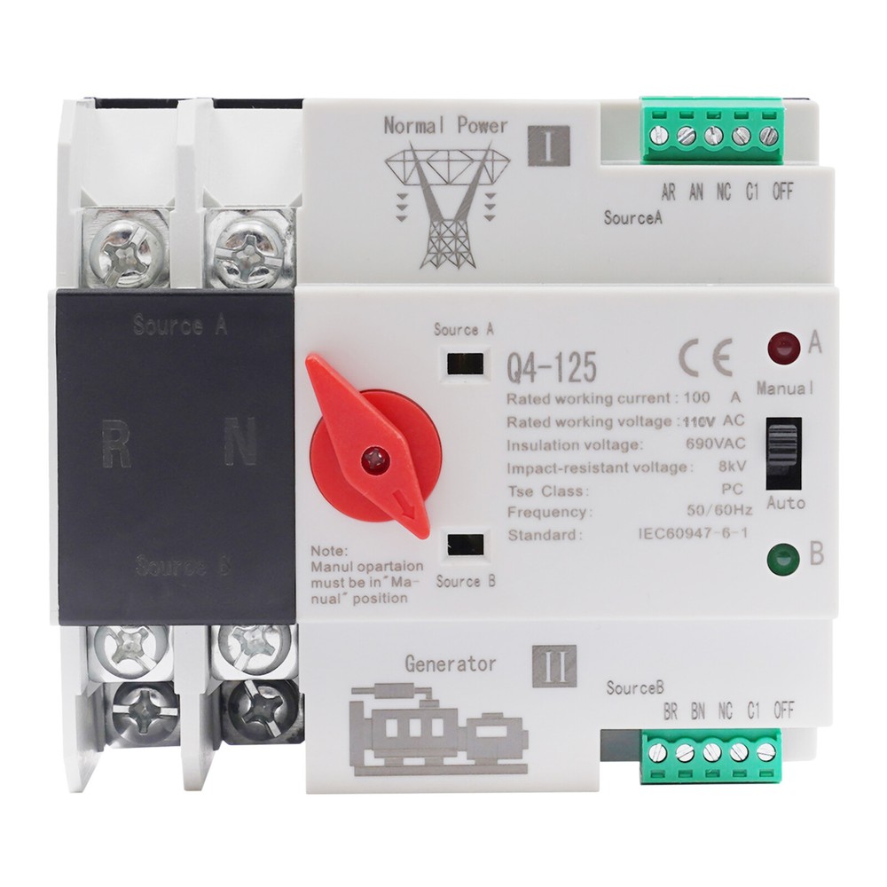 Automatic Transfer Switch 2P 100A 110V Grid to AC Generator Dual Power Control