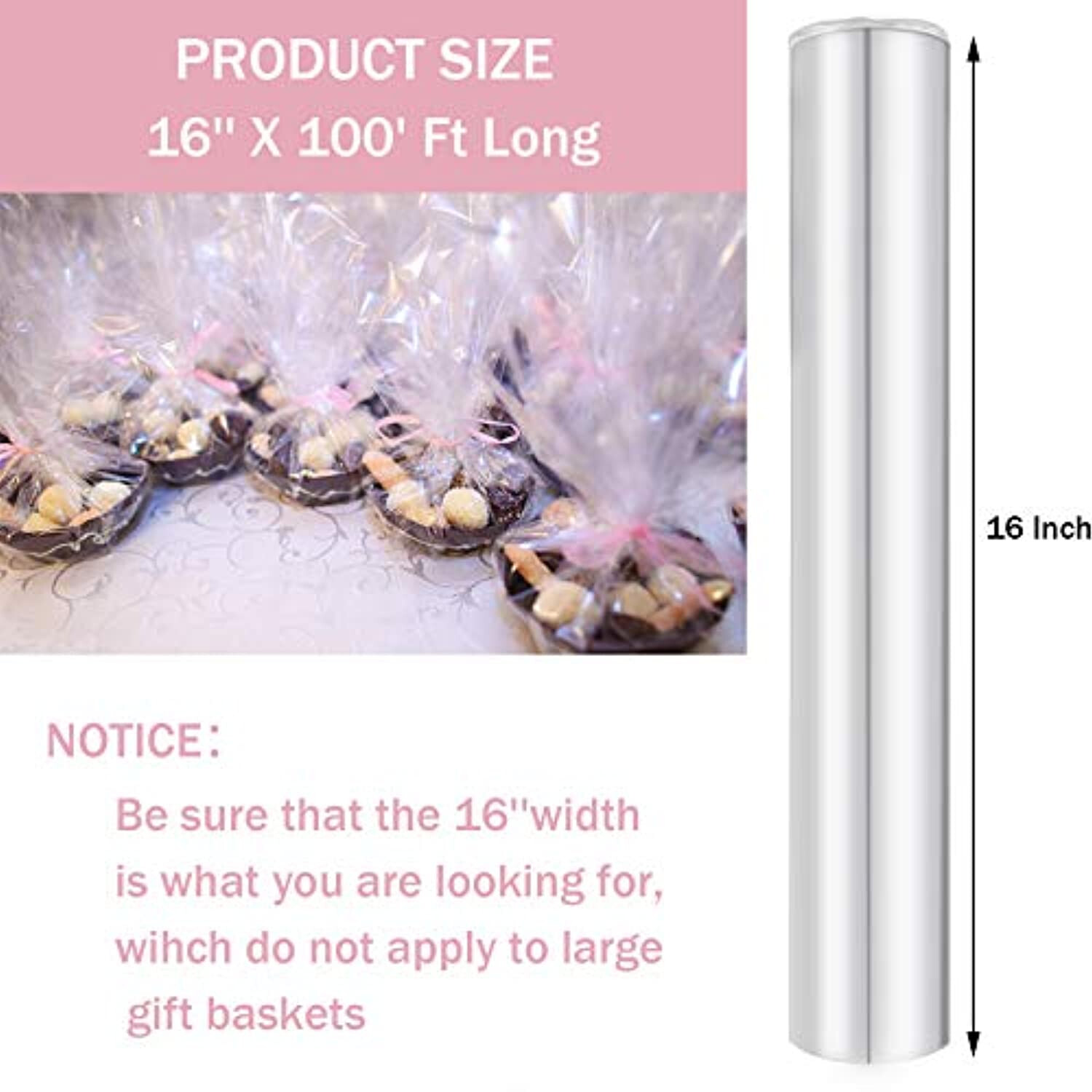 Cellophane Wrap Roll,Width16 in x 100 Ft Plastic Gift Basket Wrap,Wrapping Paper
