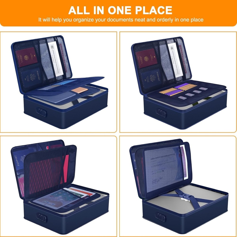 Fireproof Document Organizer - 5200°F, Waterproof, Secure Lock, Blue