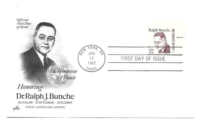 1860 20c Ralph Bunche, ArtCraft  Zip tab single FDC