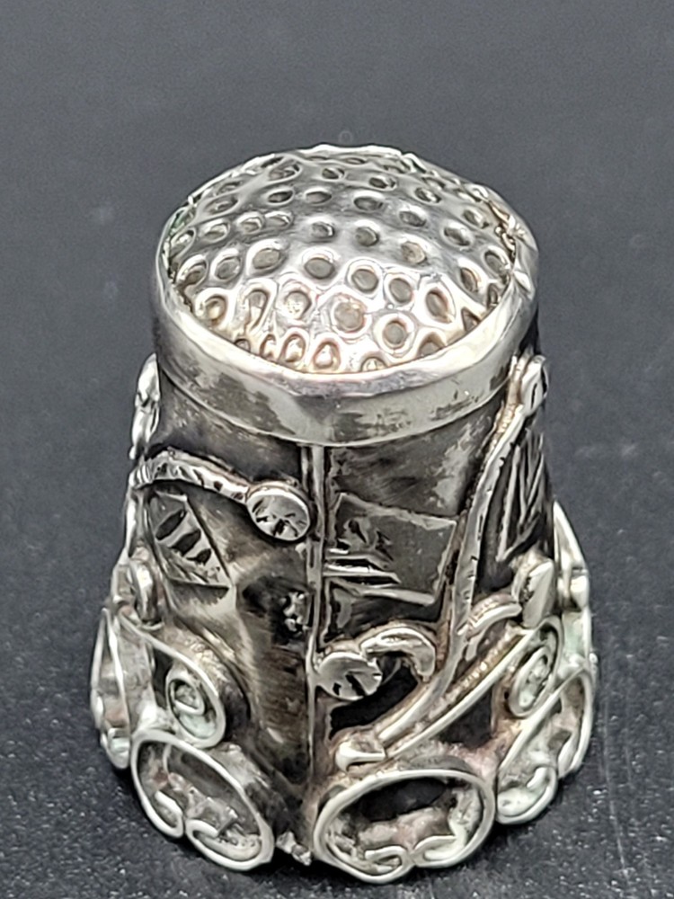 925 STERLING SILVER Hand Wrought Applique Vine & Flower Thimble Mexico Signed