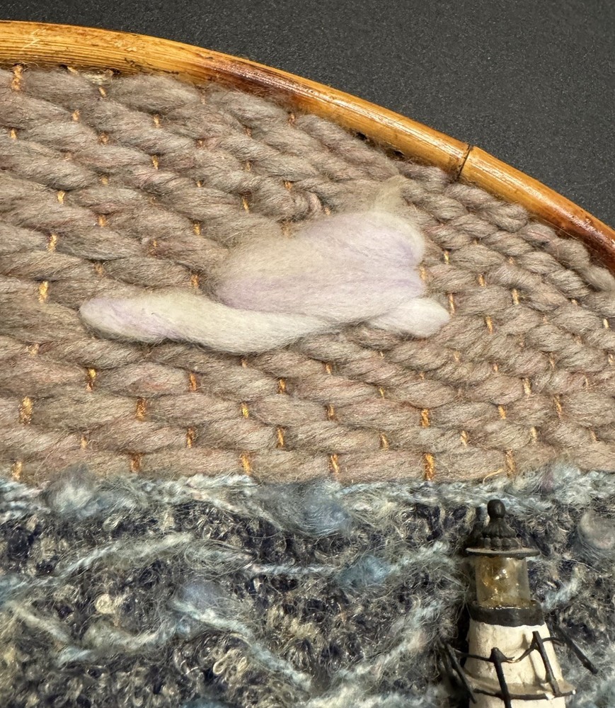 Vtg 80s Lighthouse Shell Mixed Media Artwork Nautical Beach Wool Yarn Shell