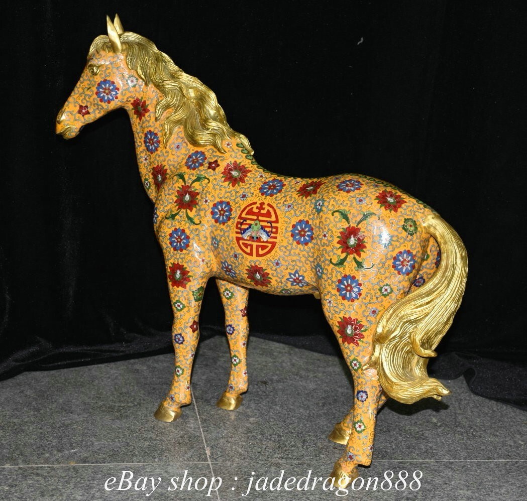28" Chinese Marked Bronze Gilt Cloisonne 12 Zodiac Year Horse Statue Sculpture