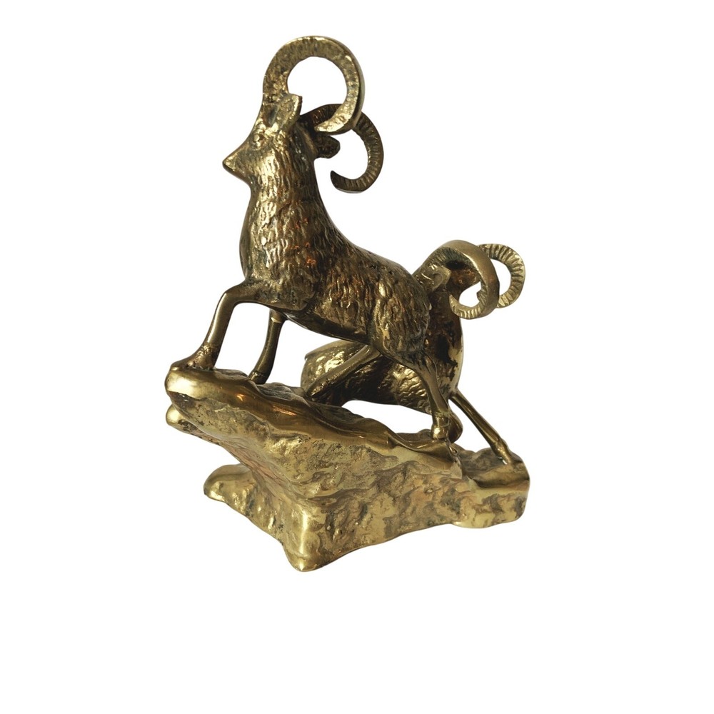 Vintage Mid Century Solid Brass Rams on Hillside Ram Figurine