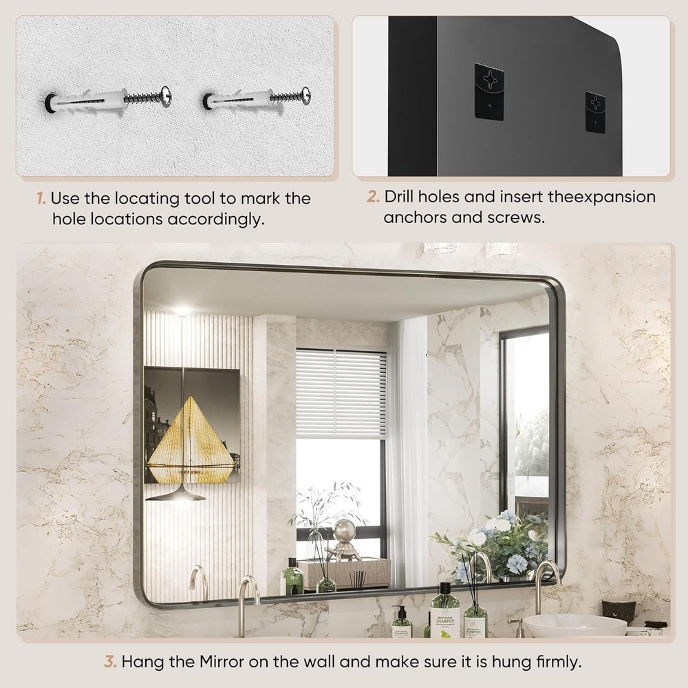 Modern Matte Black Vanity Mirror (36x24) - Rounded Rectangle Bathroom Mirror