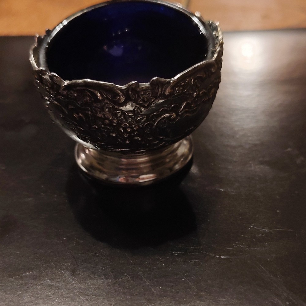 F.B. Rogers Silver Plate Ornate Decorative Bowl with Blue Glass Insert Japan