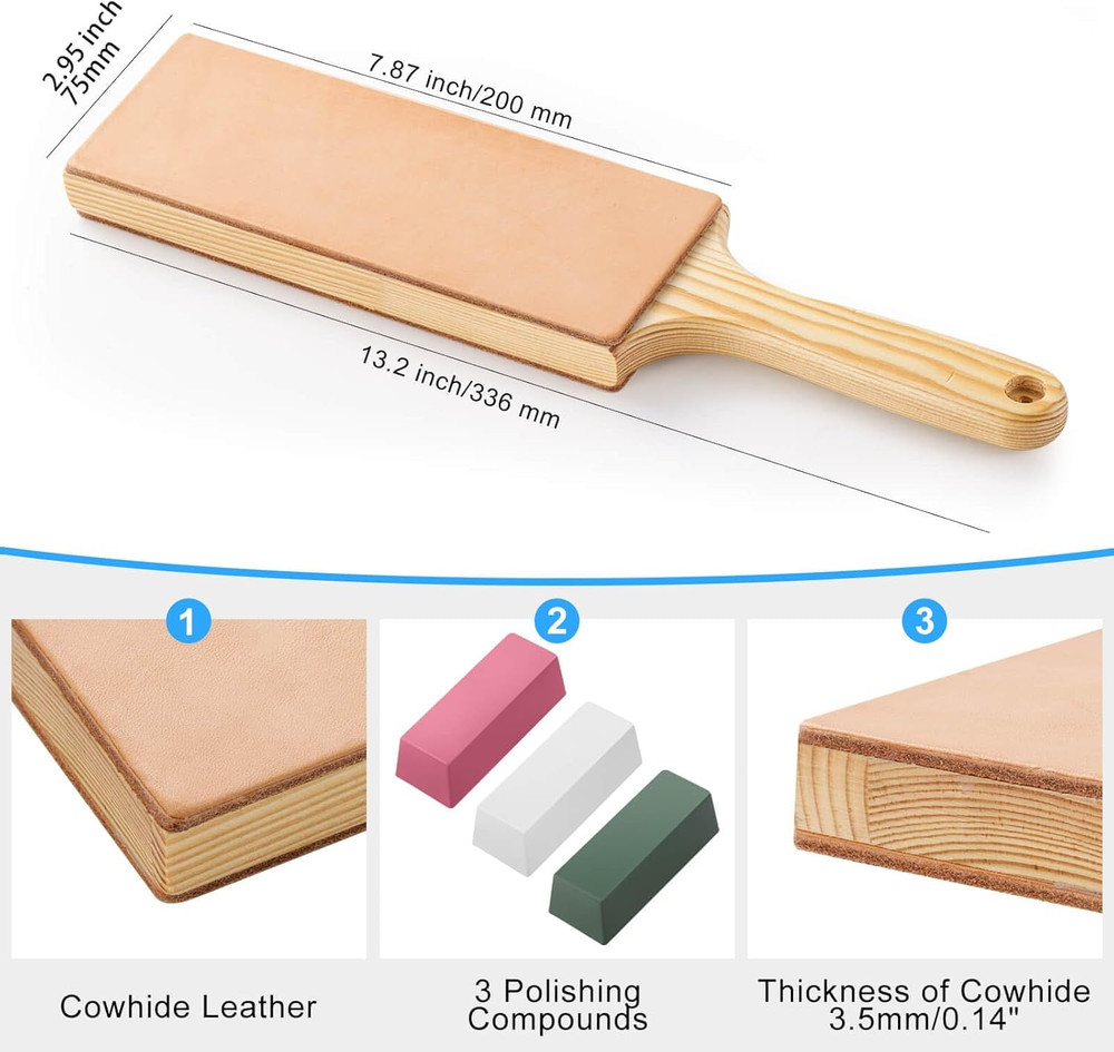Oversize Double Sided Leather Strop Kit(3" Knife Stropping Leather）With Ergonomi