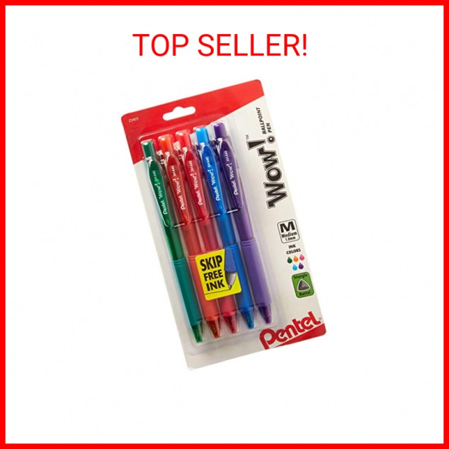 Pentel WOW! Colors Retractable Ballpoint Pens, Medium Line, Assorted Ink, 5 Pack