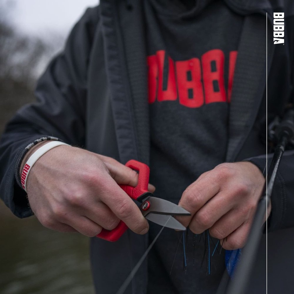 BUBBA Small Shears Fishing Tool With Micro-Serrated Blades & Split Small, Red