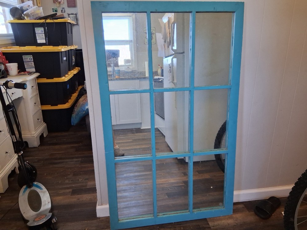 Antique Blue Multi-Pane Rectangular Wooden Glass Window Frame