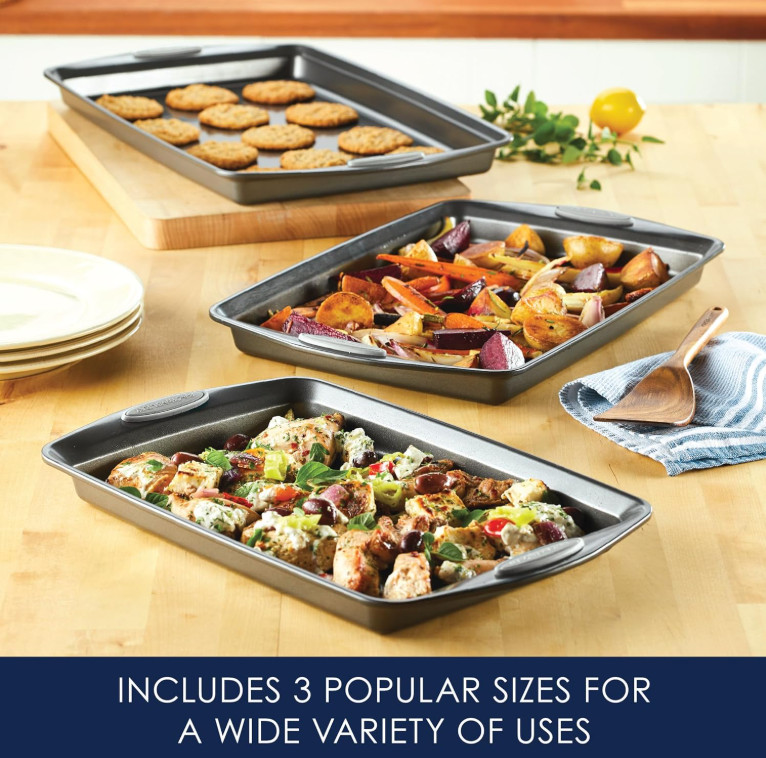 NEW - Set 3-Piece Nonstick Bakeware with Grips, Nonstick Cookie Sheets