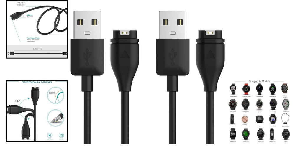 Multi-Device Compatible Fast Charging USB Cable for Garmin - 2x 1M Cables