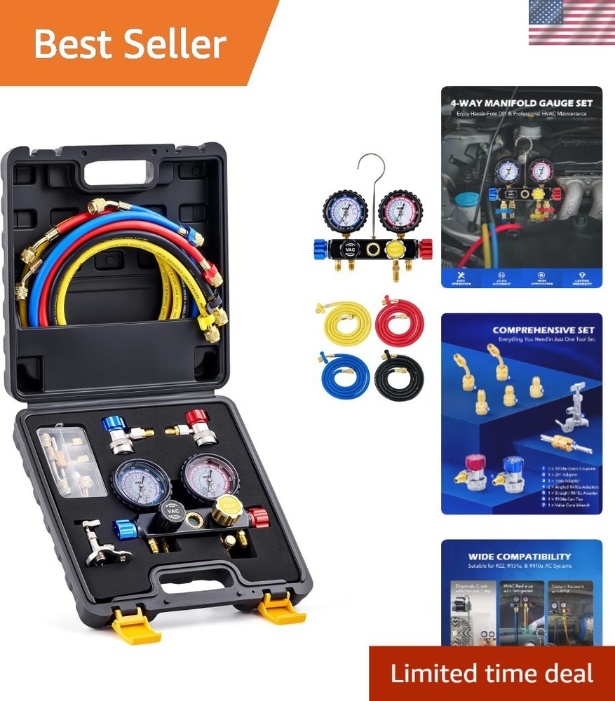 Durable 4 Valve AC Manifold with Color-Coded Hoses & Complete Adapter Kit