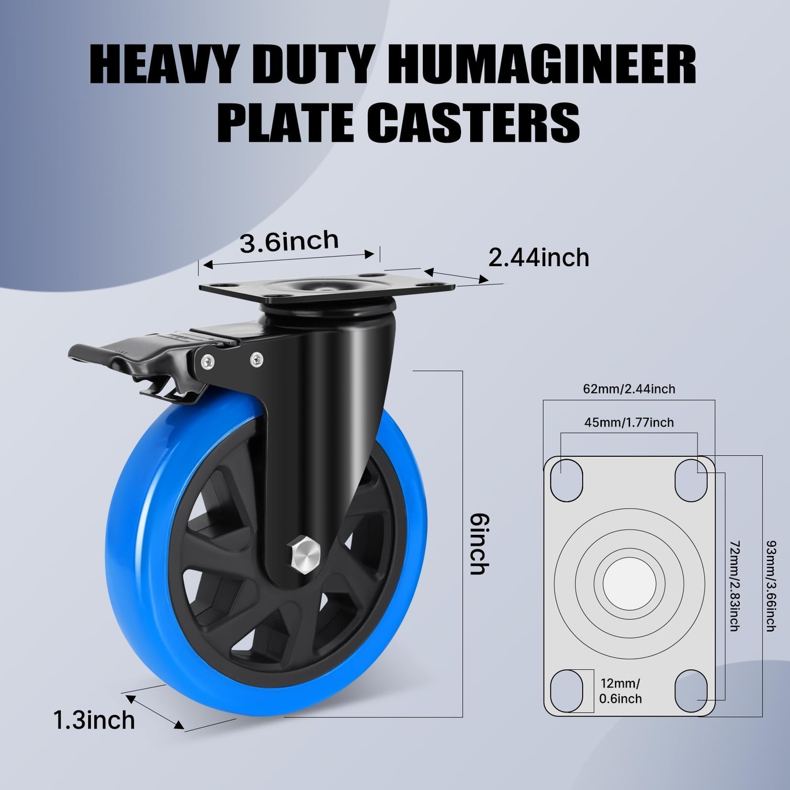 6 Inch Casters Set of 4 Heavy Duty with Safety Double Brake, Swivel Caster Wh...