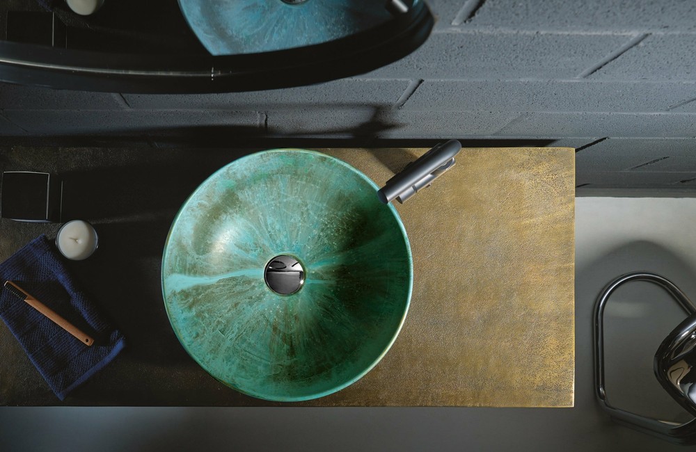 Blue aqua oxide hand painted bathroom vessel sink.