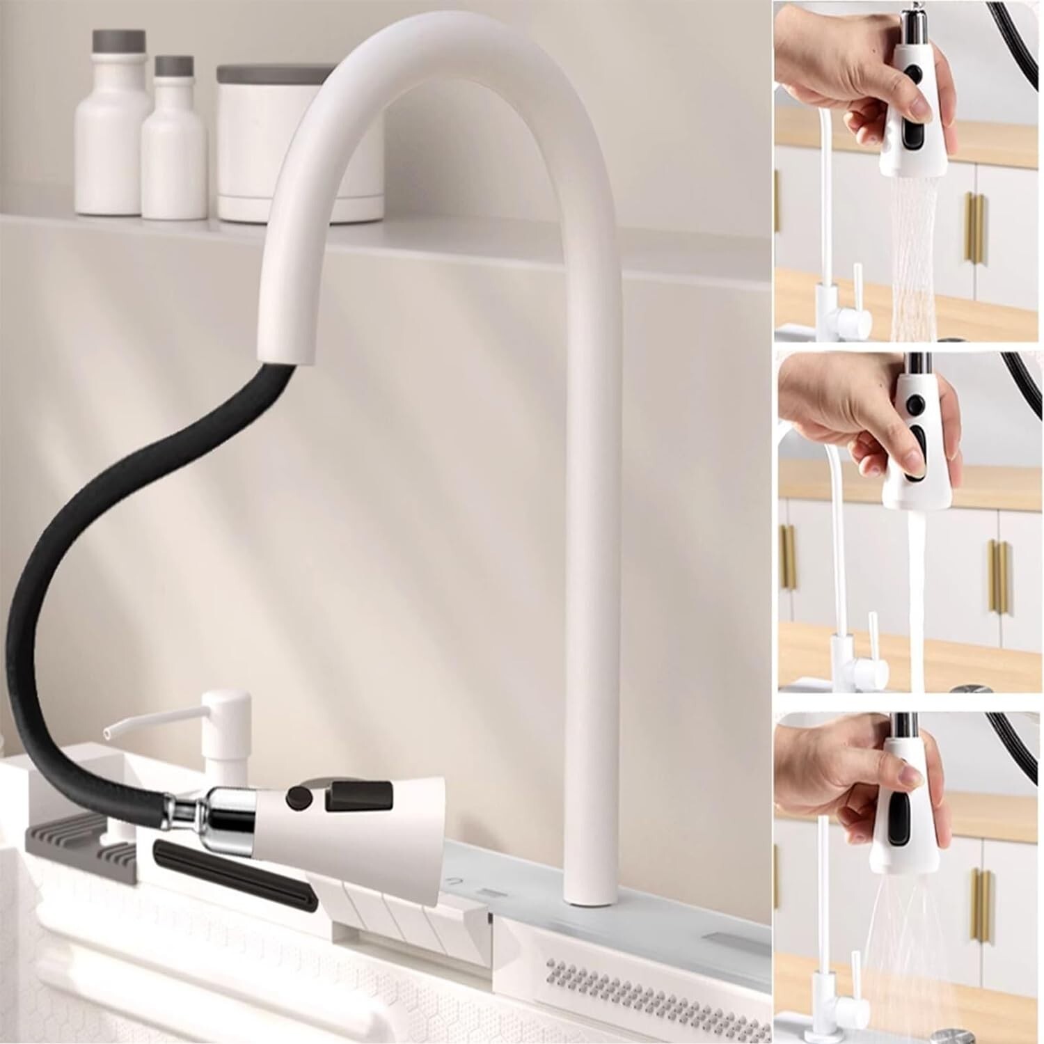 White Flying Rain Waterfall Kitchen Sink Integrated w Pull-Out Tap Set 29.5 INCH