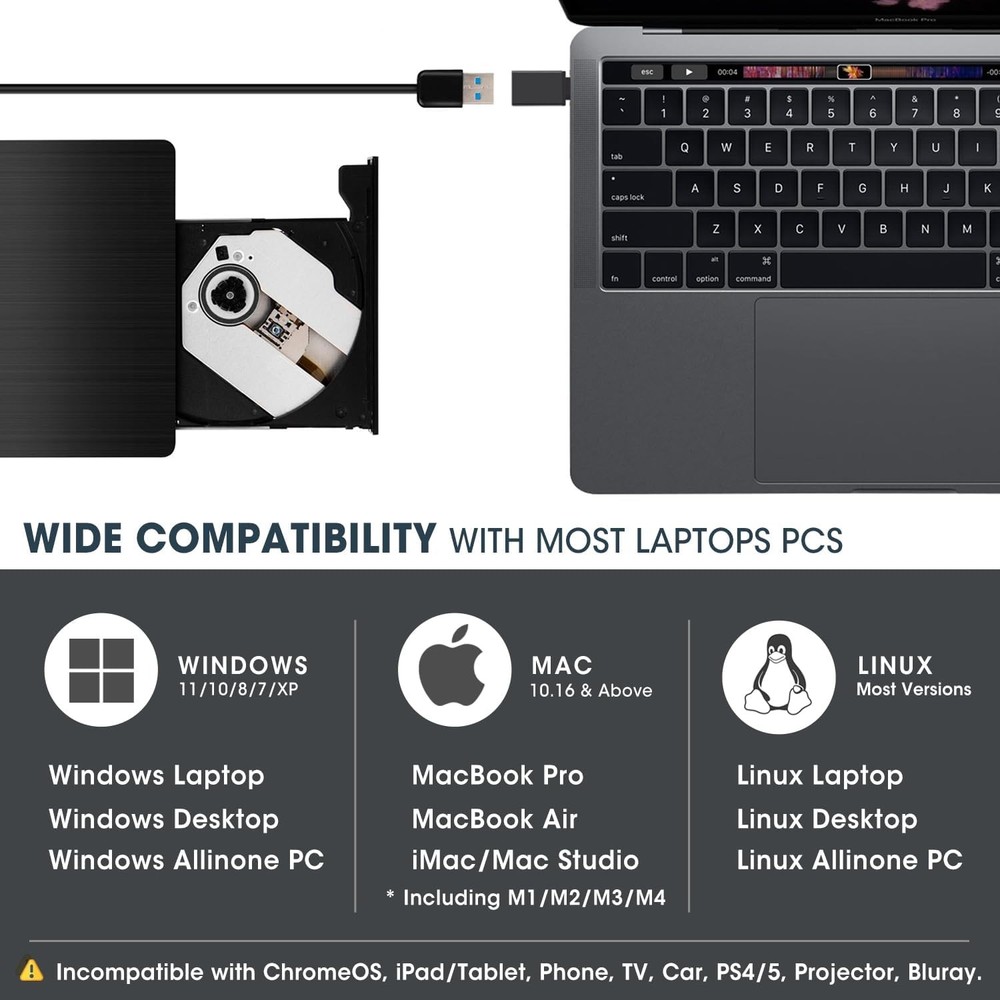ROOFULL External DVD CD Drive USB C 3.0 Laptop Mac Windows Burner