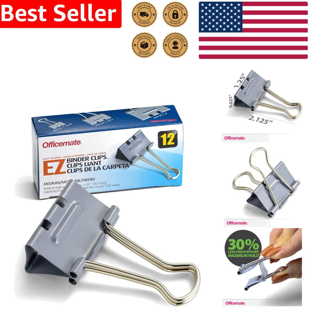 EZ Binder Clips - 12 Count Medium Gray Clips for Quick and Secure Organization