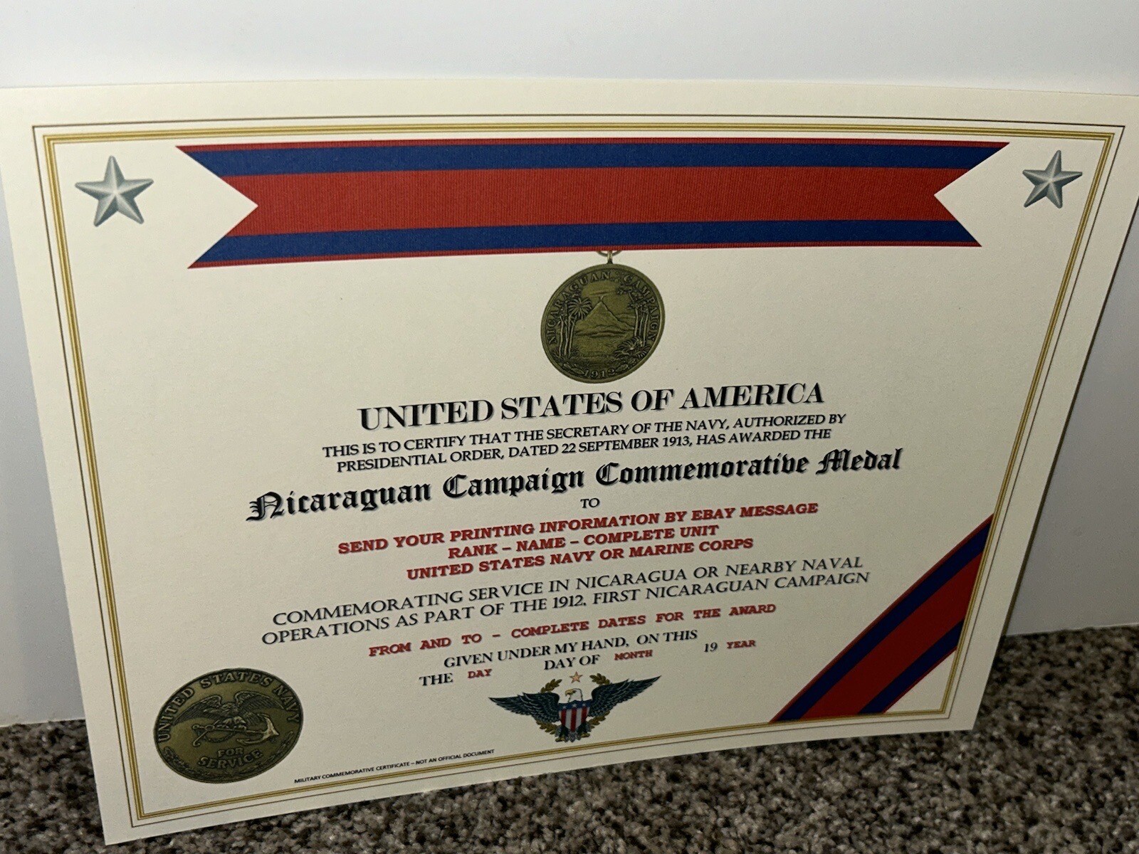 NICARAGUAN CAMPAIGN (NAVY) COMMEMORATIVE MEDAL CERTIFICATE ~ W/PRINTING TYPE-1