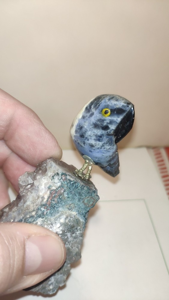 Parrot Carved on Stone with Amethyst Druze Base