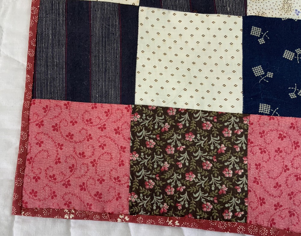 Vintage Patchwork Quilt Table Topper, Early Calico Prints, Nine Patch