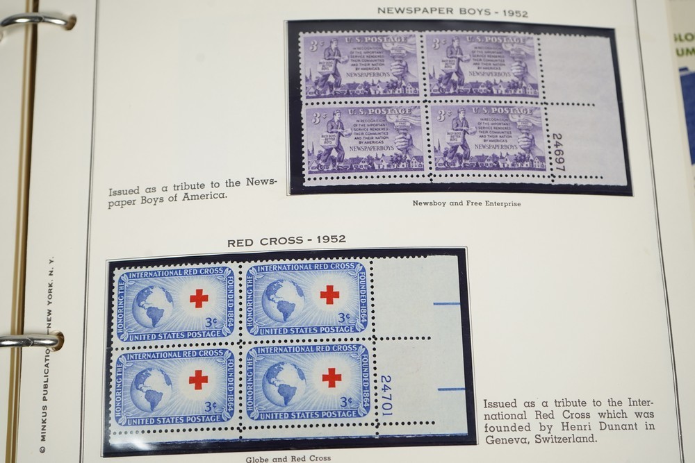 US 1950s-1960s COLLECTION OF 240 MINT PLATE BLOCKS STORED IN MINKUS ALBUM