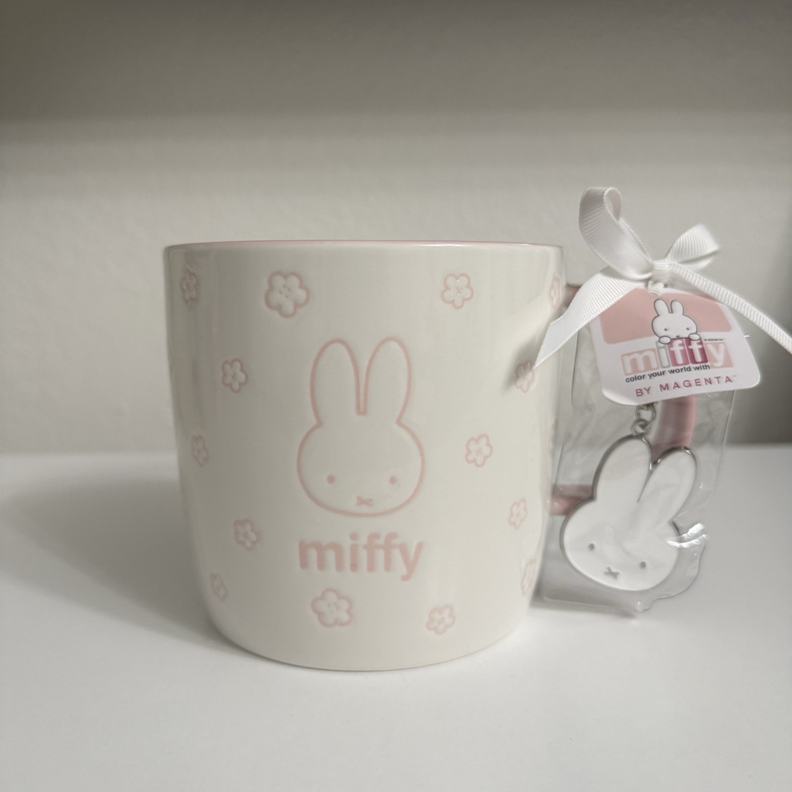 Miffy By Magenta Cherry Blossom White Pastel Pink Sakura Ceramic Mug w/ Keychain