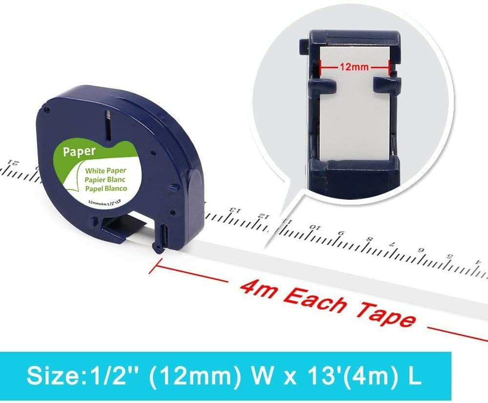 5PK Compatible DYMO LetraTag Refills 91330 White Paper Label Tape 12mm LT-100H