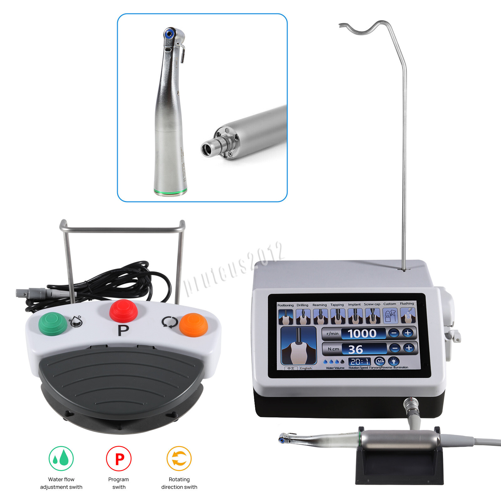 Dental Surgical Implant Motor Touch Screen w/ LED Fiber Optic 20:1 Contra Angle