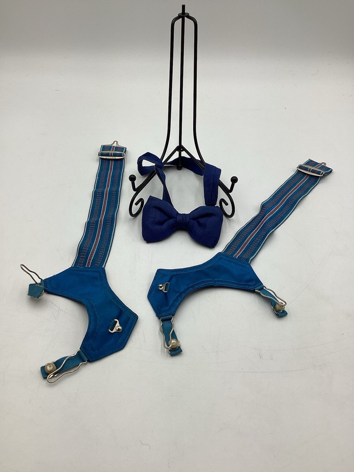 Vintage Child’s Suspenders & Bow Tie Set–Blue Elastic Braces & Navy Bowtie