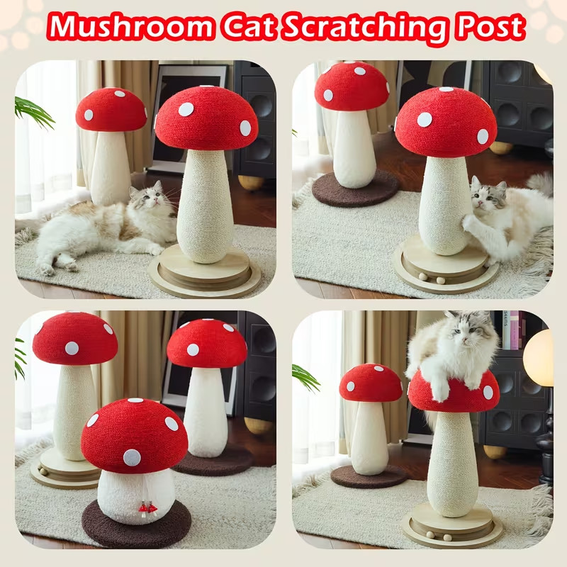 Cat Scratching Post - Red Mushroom with Interactive Turntable & Sisal Surface
