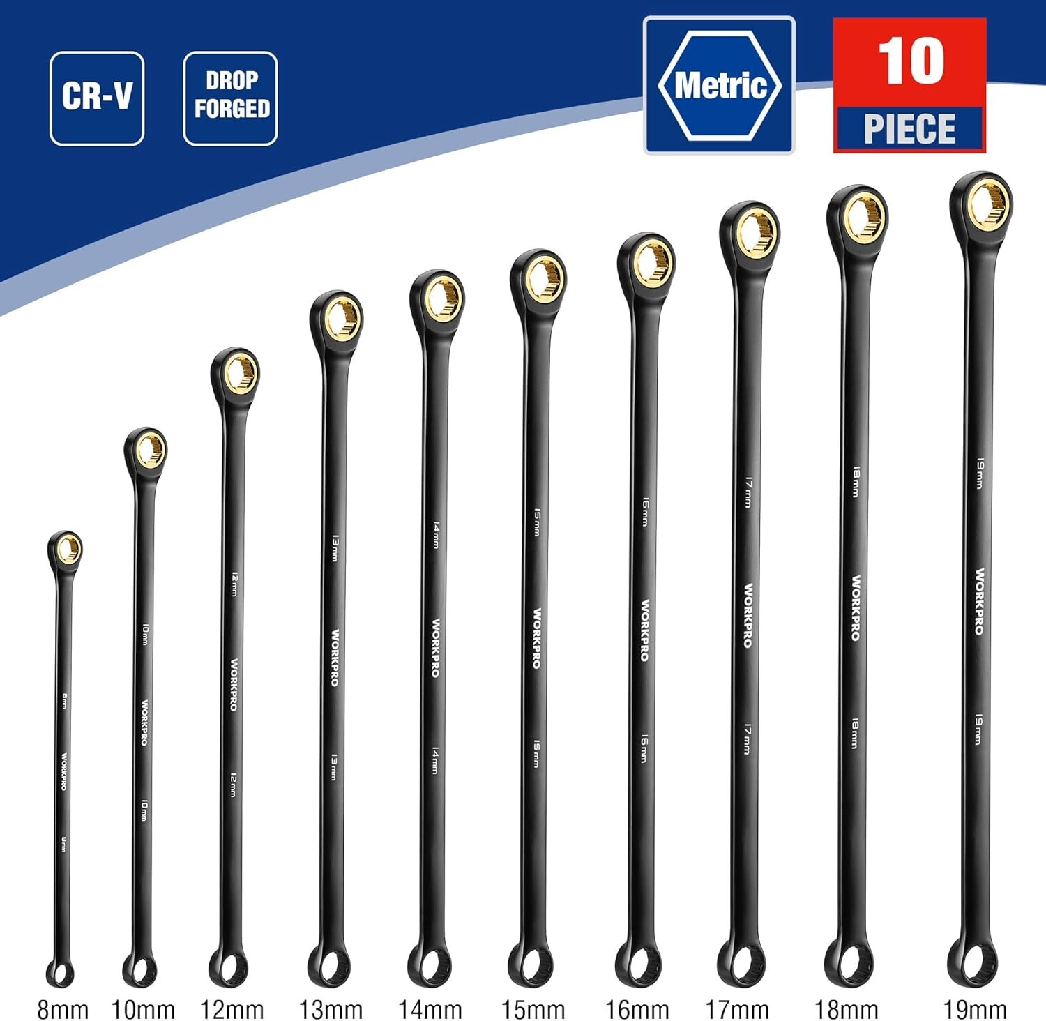 WORKPRO Extra Long Ratcheting Wrench Set-10PC Combination Anti-Slip Metri-8-19mm