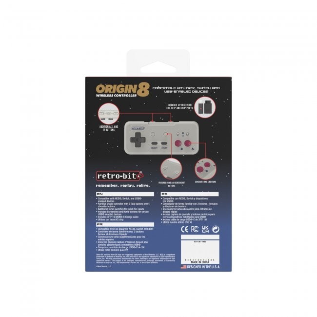 Retro-Bit Origin8 2.4 GHz Wireless Controller for Nintendo NES/Switch/PC Gray