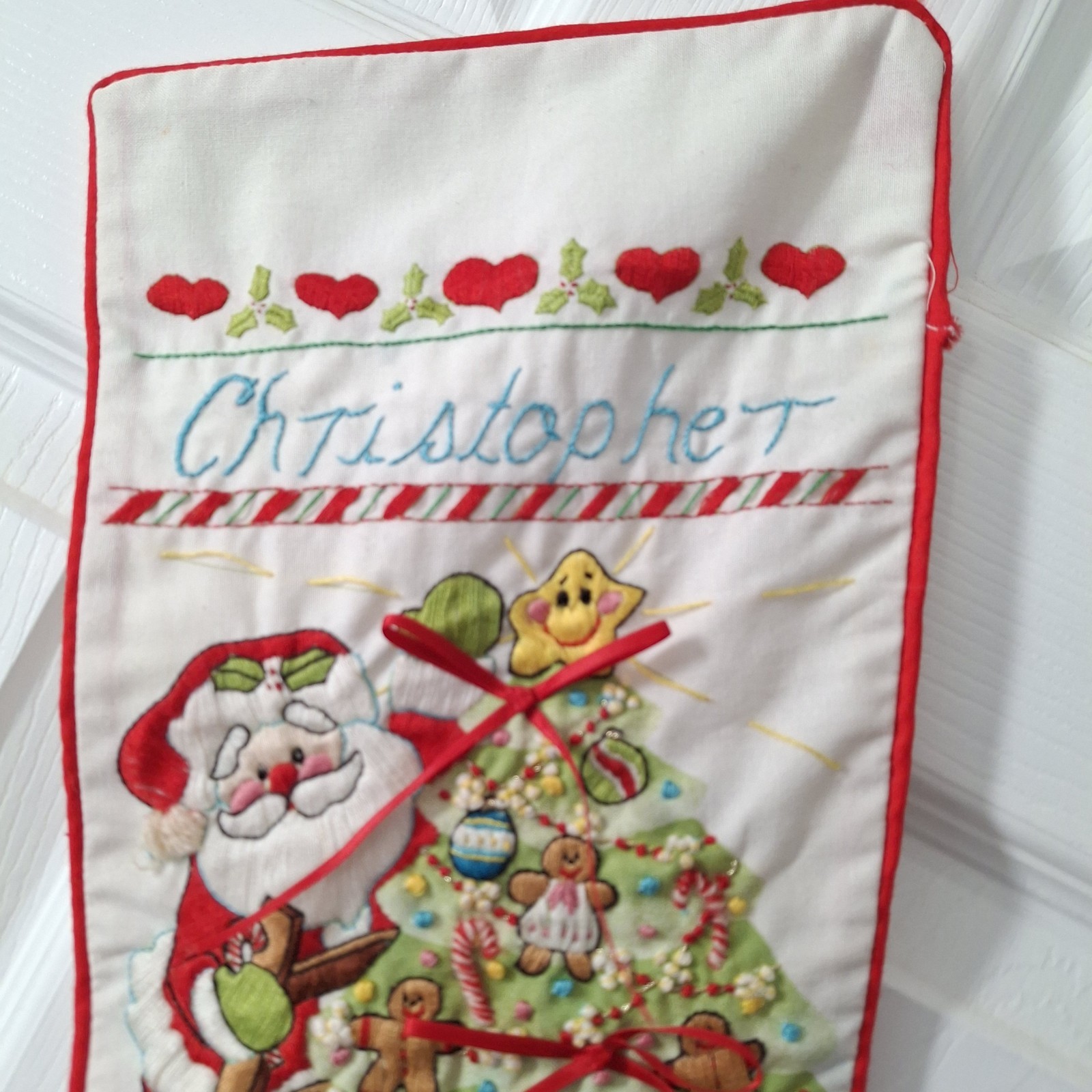 VTG 1980s Janlynn Steinmeyer Hand Embroidered Crewel Christmas Stocking Santa