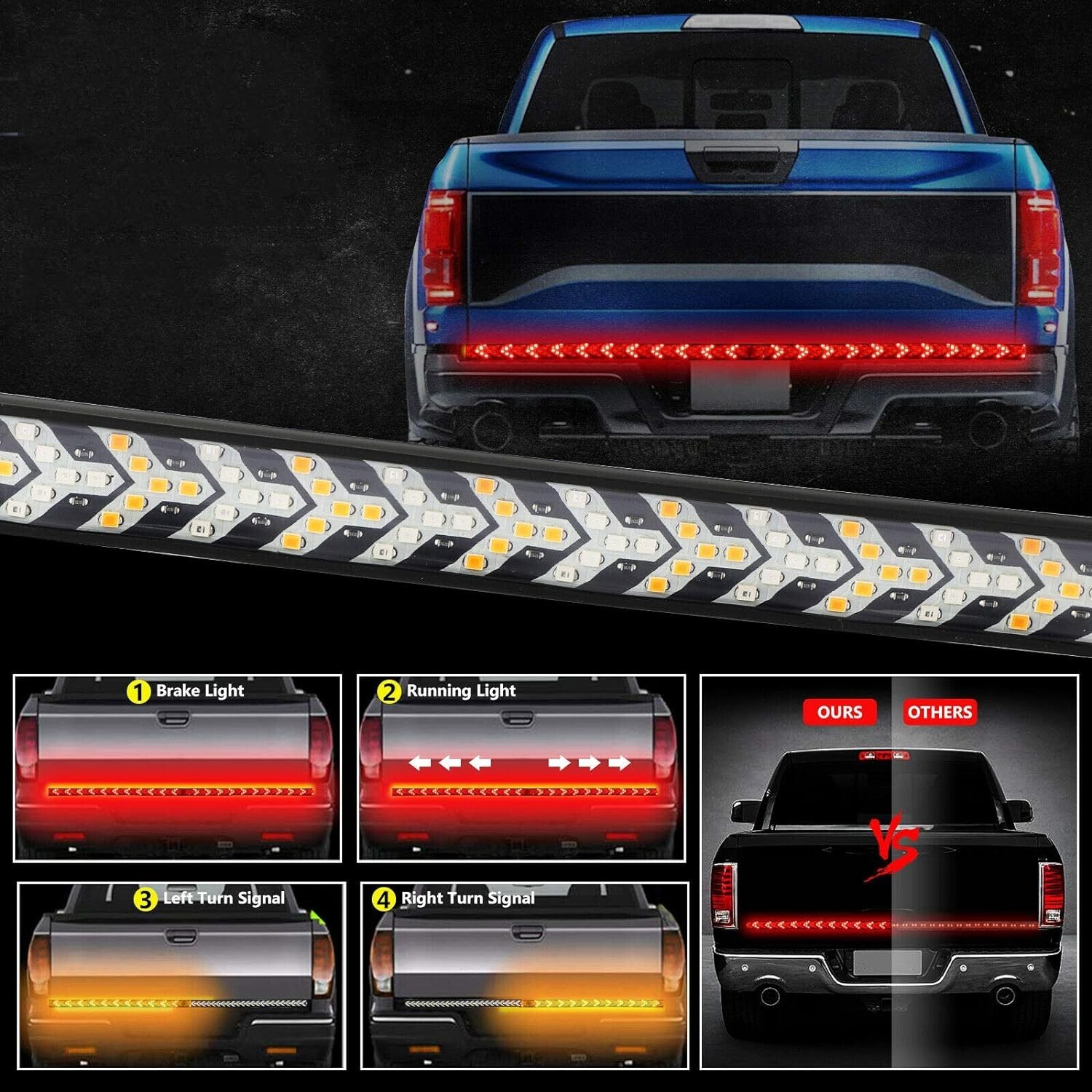 LED Tailgate Light Bar 60" Triple Row 5-Function Strip for Pickup Trailer SUV