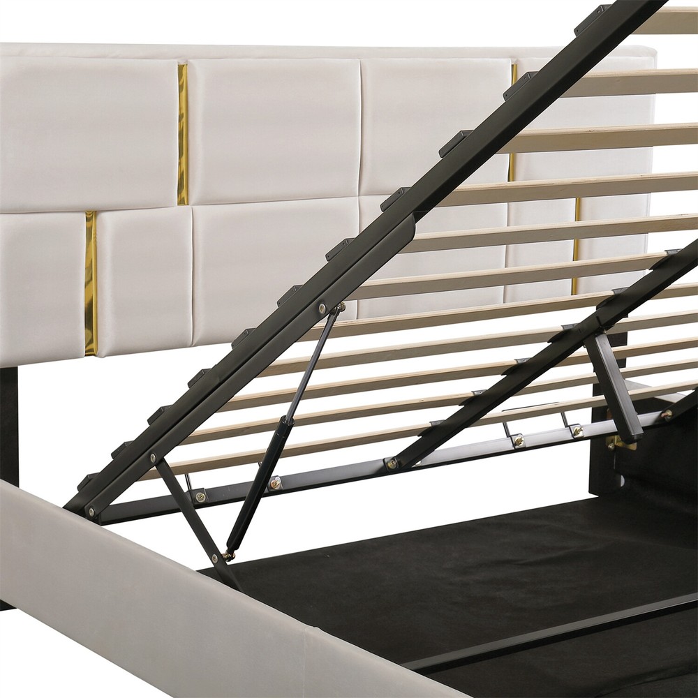 Queen Size Upholstered Platform Bed Frame with Hydraulic Storage System US