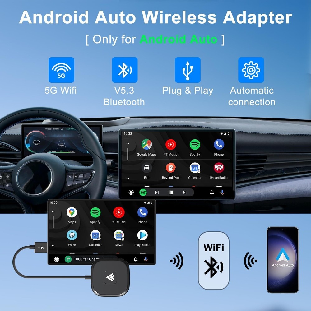 Android Auto Wireless Adapter for Wired Cars - Converts to Wireless, Easy Set...