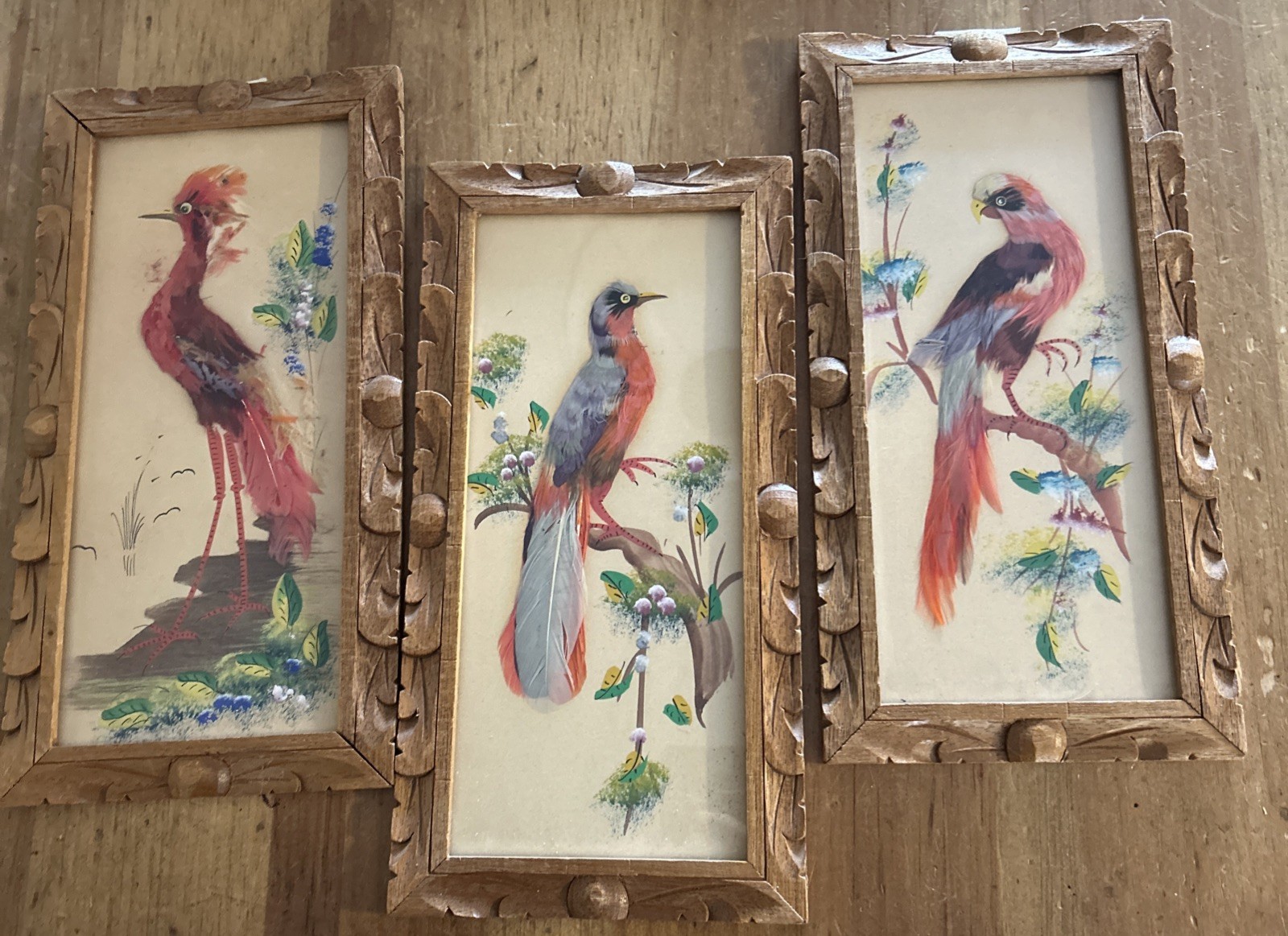 Set 3 VTG Mexican Feathercraft Bird Art Collection Handmade with Real Feathers