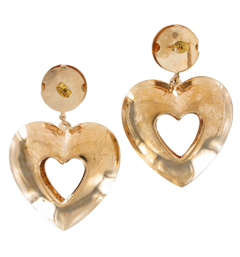 Large Gold Tone Heart Dangle Pierced Statement Pierced Earrings Lightweight 3"