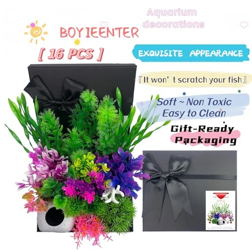 Aquarium Decorations Set, 16Pieces Artificial Plastic Plants & Smooth Fish