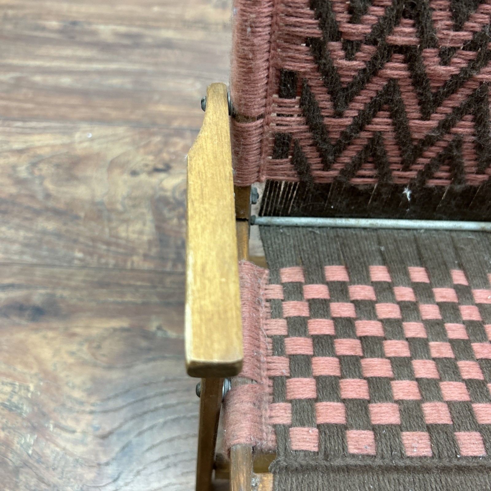 Macrame Wooden Folding Baby Doll Chair Vintage Handwoven Brown Pink ** DOLL SIZE