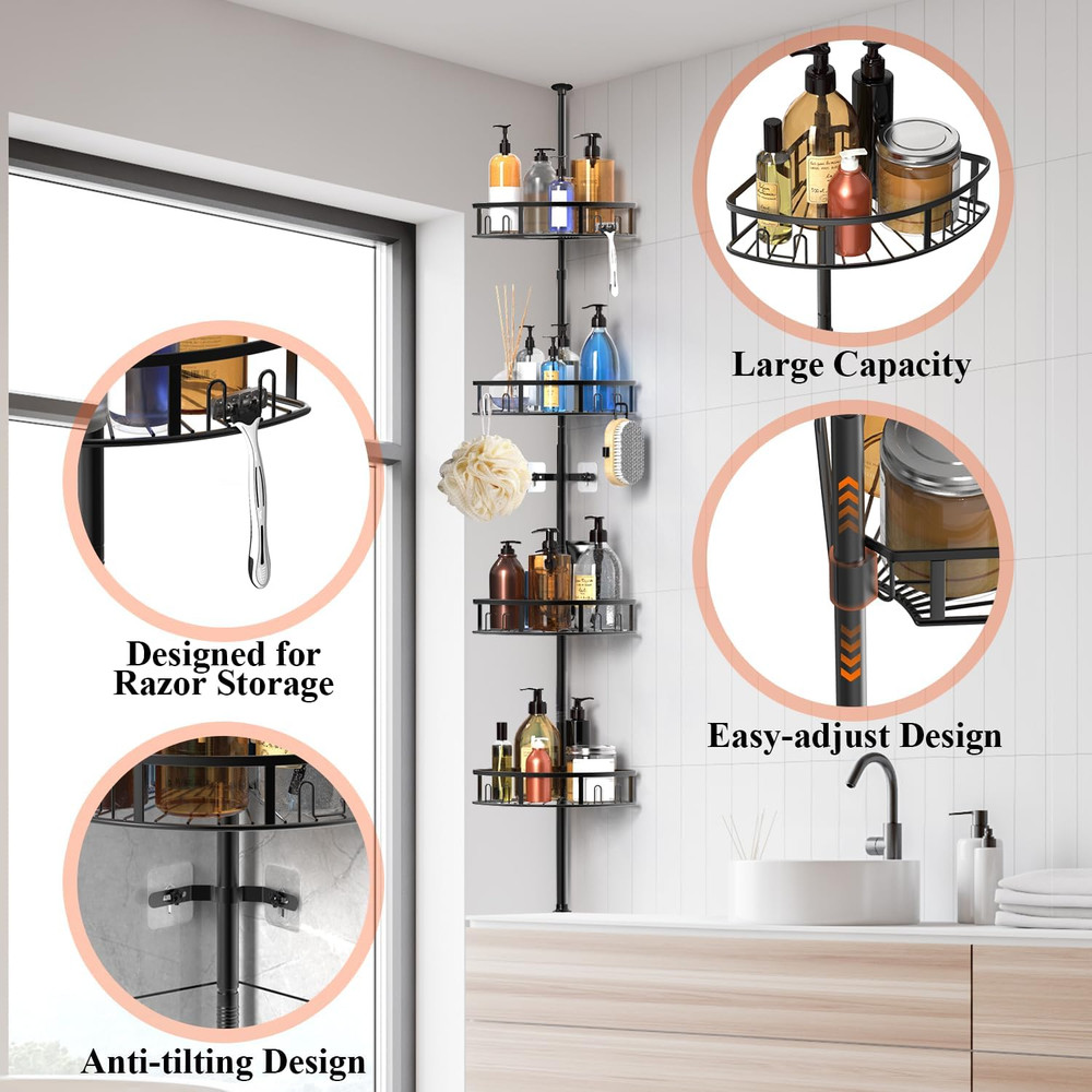 Rustproof 4-Tier Corner Shower Caddy with Adjustable Tension Pole - Black