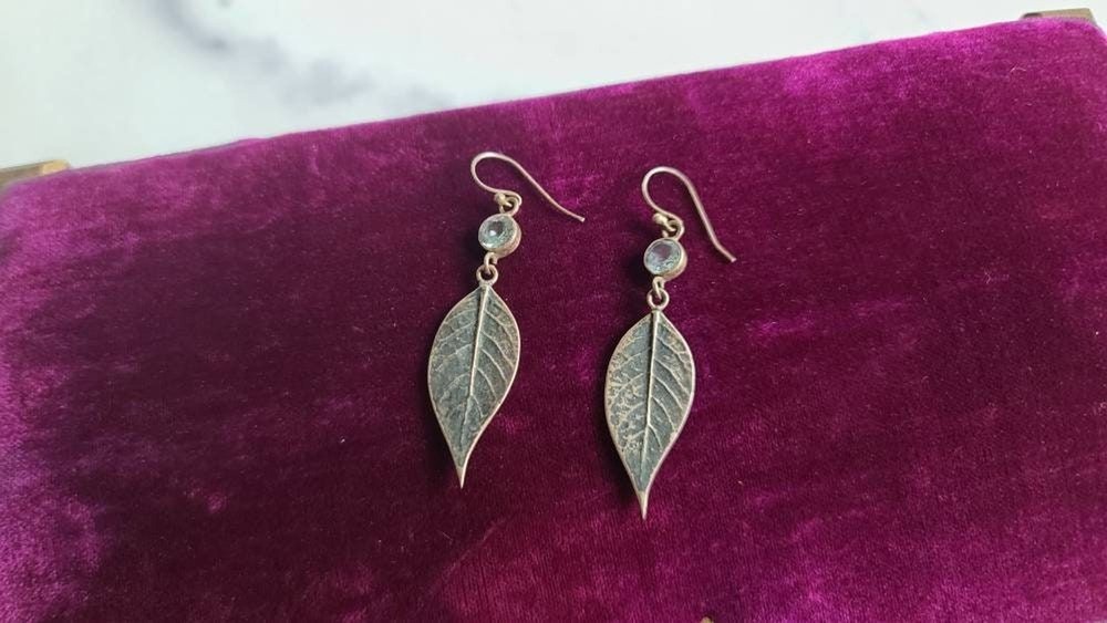 925 Leaf Dangling Topaz Pierced Earrings