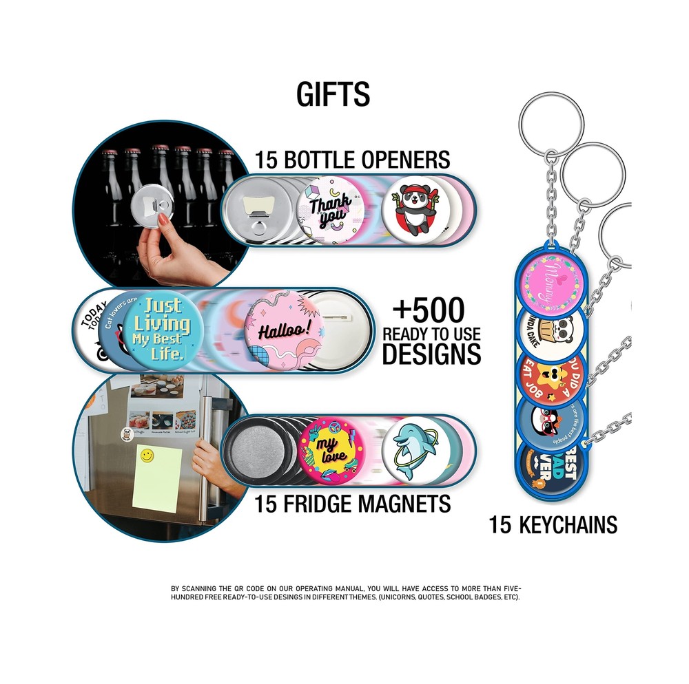Button Maker Machine Multiple Sizes 1-1.25-2.25in (500 Buttons,15 Bottle Open...